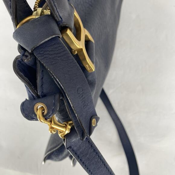 Chloe Marcie Graphite Suede Calfskin Satchel Medium Navy Blue Double Carry Bag - Picture 14 of 16